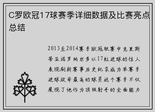 C罗欧冠17球赛季详细数据及比赛亮点总结