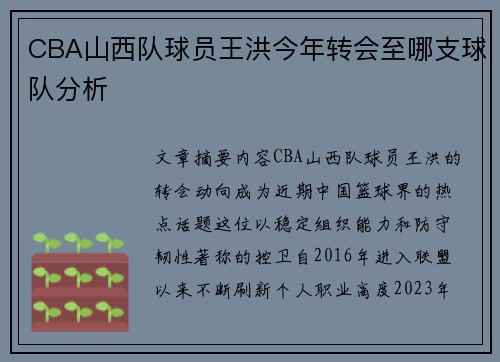 CBA山西队球员王洪今年转会至哪支球队分析