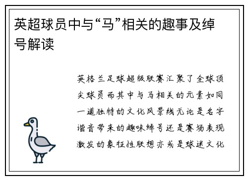 英超球员中与“马”相关的趣事及绰号解读