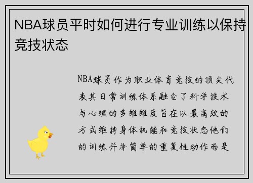 NBA球员平时如何进行专业训练以保持竞技状态